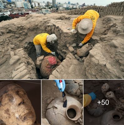 Thousand-year-old mummy with intact hair on top of the pyramid