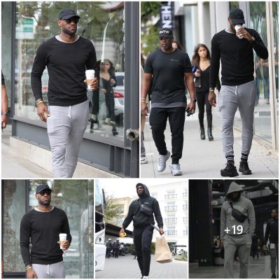 NBA Star LeBron James Strolls in Relaxed Style with Slim-Fit Pants and Enjoying a Delightfully Chilled Coffee