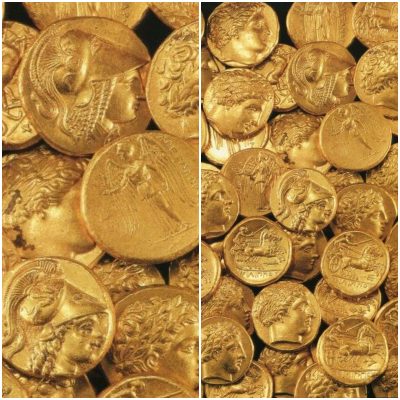 Treasure of 51 Macedonian Gold Coins was hidden sometime after 330 BCE in a cavity in a rock in ancient Corinth