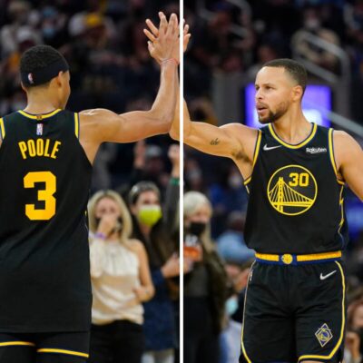 Jordan Poole trolls team-mate Steph Curry by mimicking the mouthguard toss that got him ejected against the Grizzlies