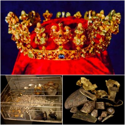 A group of demolition workers accidentally discovered a vase containing more than 3,000 silver coins dating from the 14th century. The treasure included a woman’s gold crown, a gold pendant, and a gold clasp. Medieval gold and a sapphire ring. Believed to have belonged to Emperor Charles IV