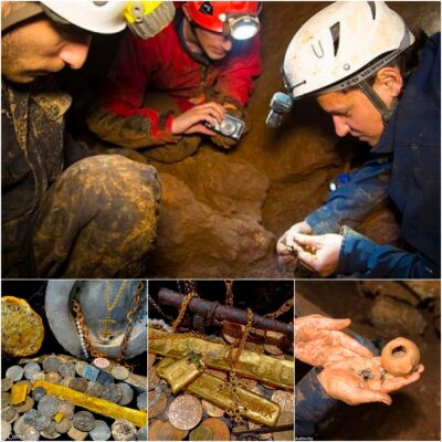 Cave exploration: Three lucky men discovered a 2,300-year-old treasure Gold coins bracelets and gold rings were found hidden in a narrow cavity among broken pottery shards in a cave filled with stalactites.