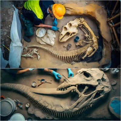 A dinosaur skeleton, dating back millions of years, was discovered entombed within stone walls