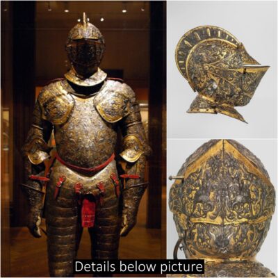 One of the most intricate and comprehensive pieces of armor is King Henry II’s 16th-century suit, which was constructed from a 94-pound Field of Cloth of Gold