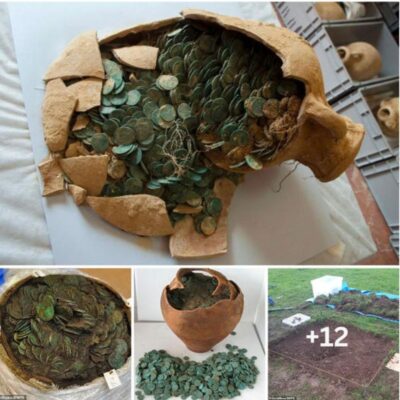 Two lucky men dug up an ancient earthen jar containing a huge Roman treasure of 2,733 ancient coins dating from 32 BC and representing 50 kings