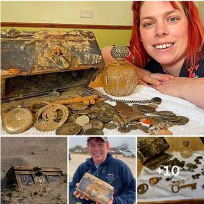 Woman scavenging on the beach discovered a real-life wooden treasure chest containing about 100 old coins, gems dating back to the reign of George II